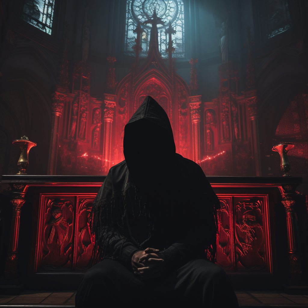 Hooded cultist in lit church