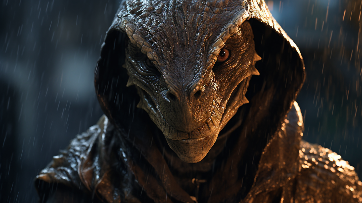 Close-up of hooded dragonborn in rain