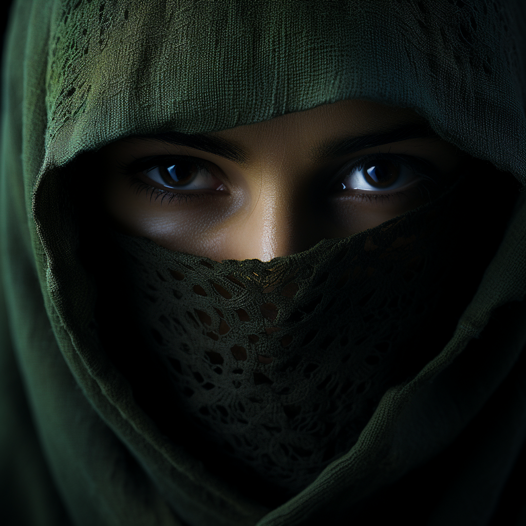 A person with a dark hood and bright green eyes