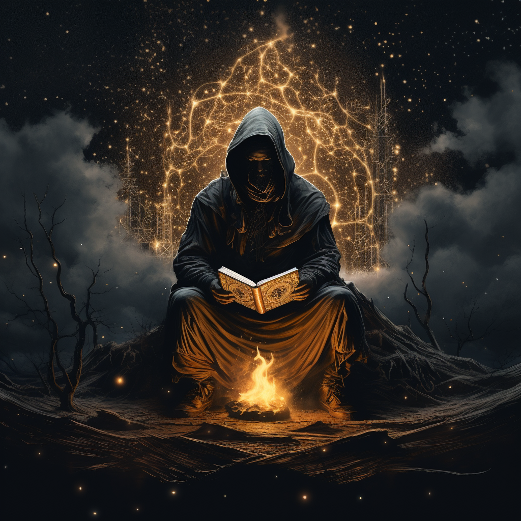 Lonely hooded figure reads a book by the campfire