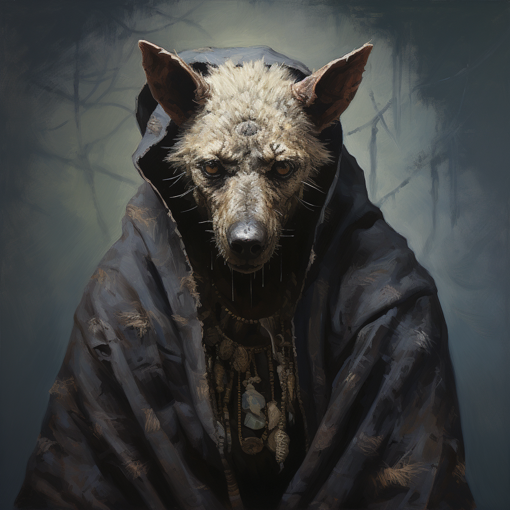 Terrifying hooded hyena shaman with dark magic