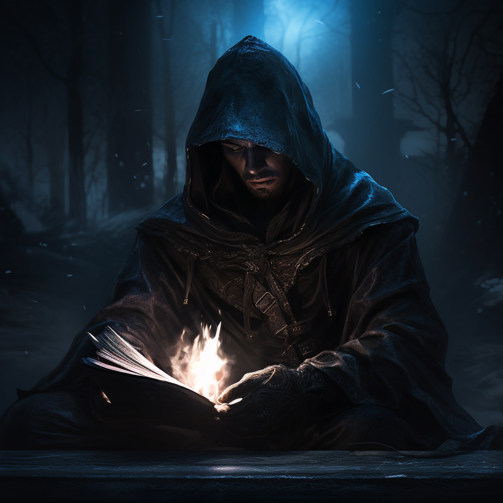 Hooded man reading from a mysterious book in a blue glow