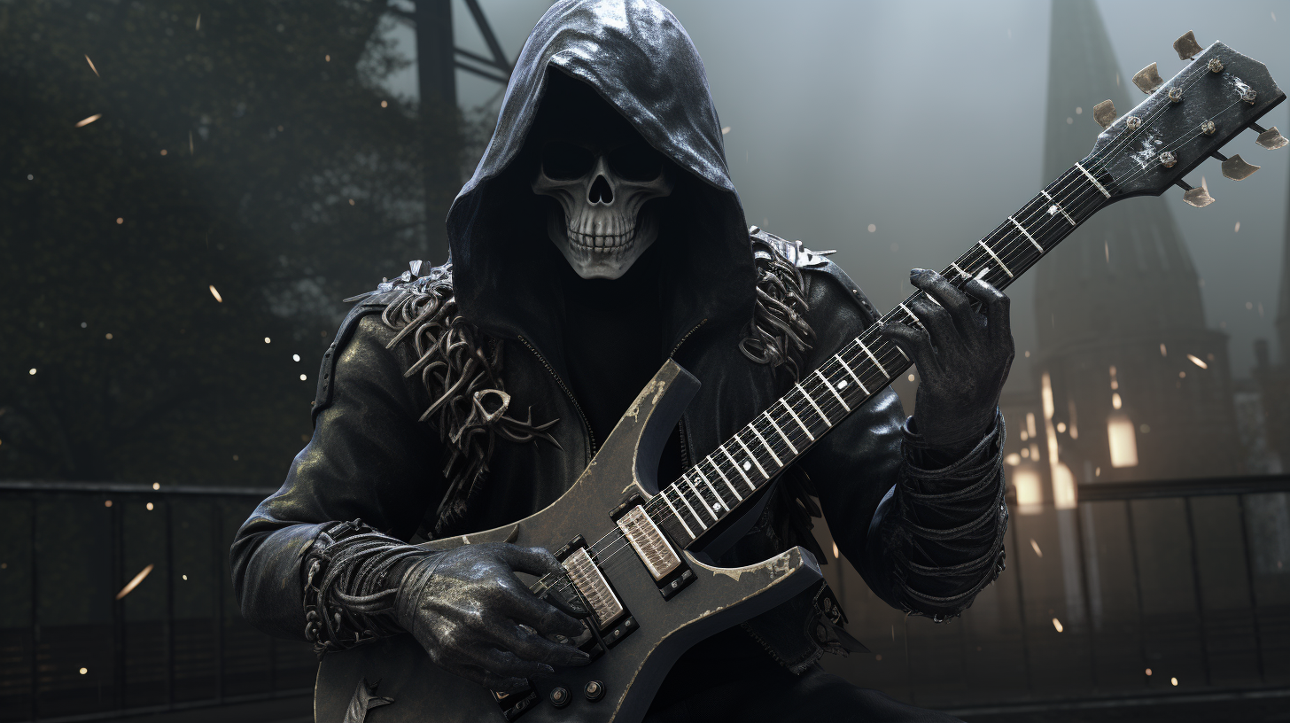 Heavy Metal Guitar Player with Hooded Skull Mask