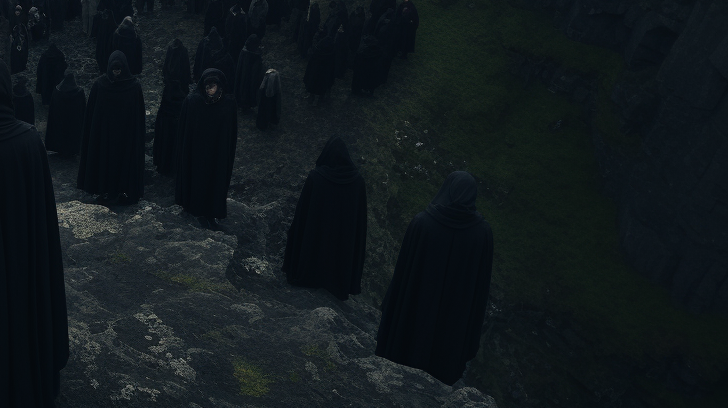 Hooded figures preaching to crowd of villagers