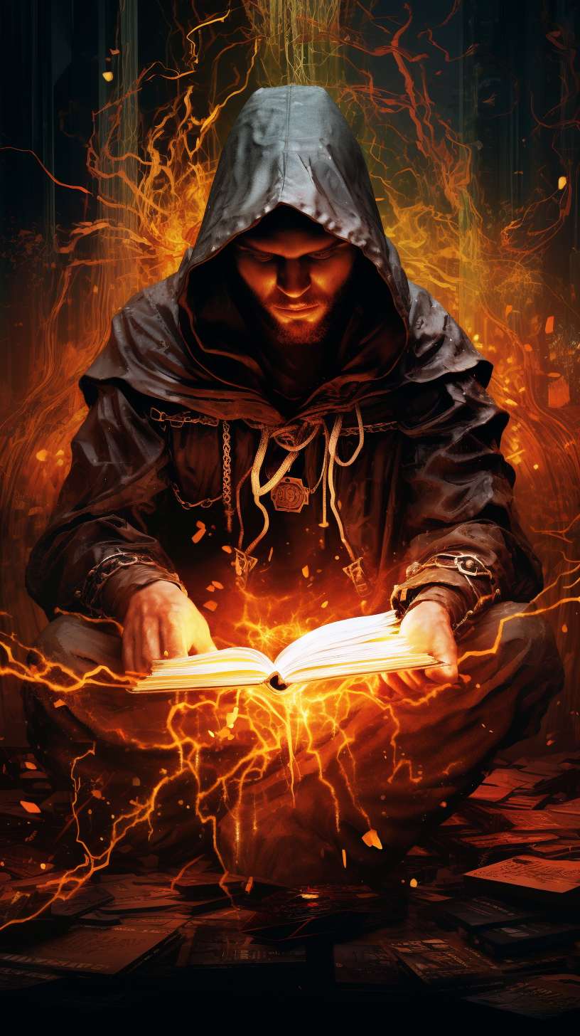 Hooded mage casting spell with quill pen