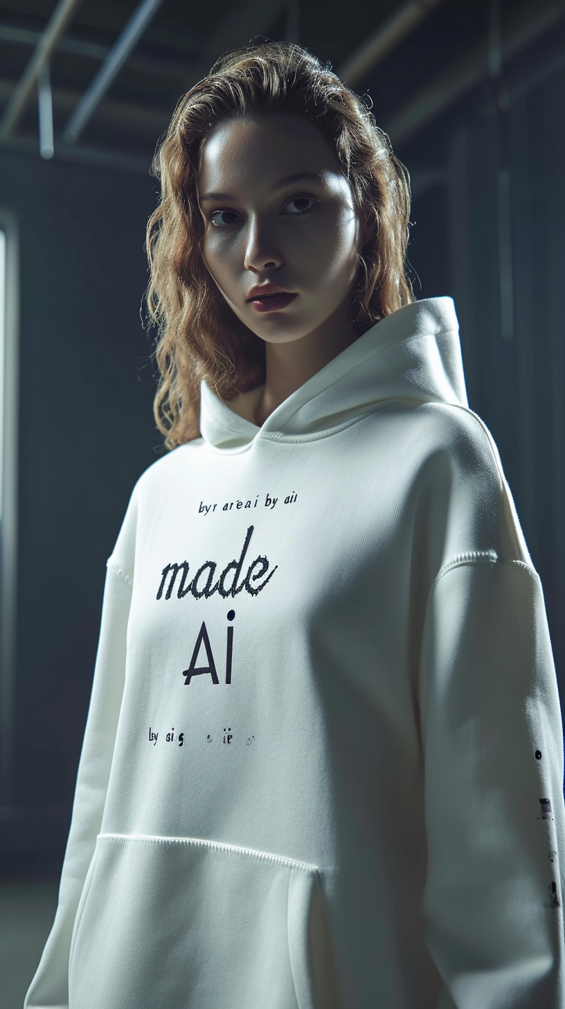 Athleisure hoodie with oversized sleeve and mono typeface  Made by AI