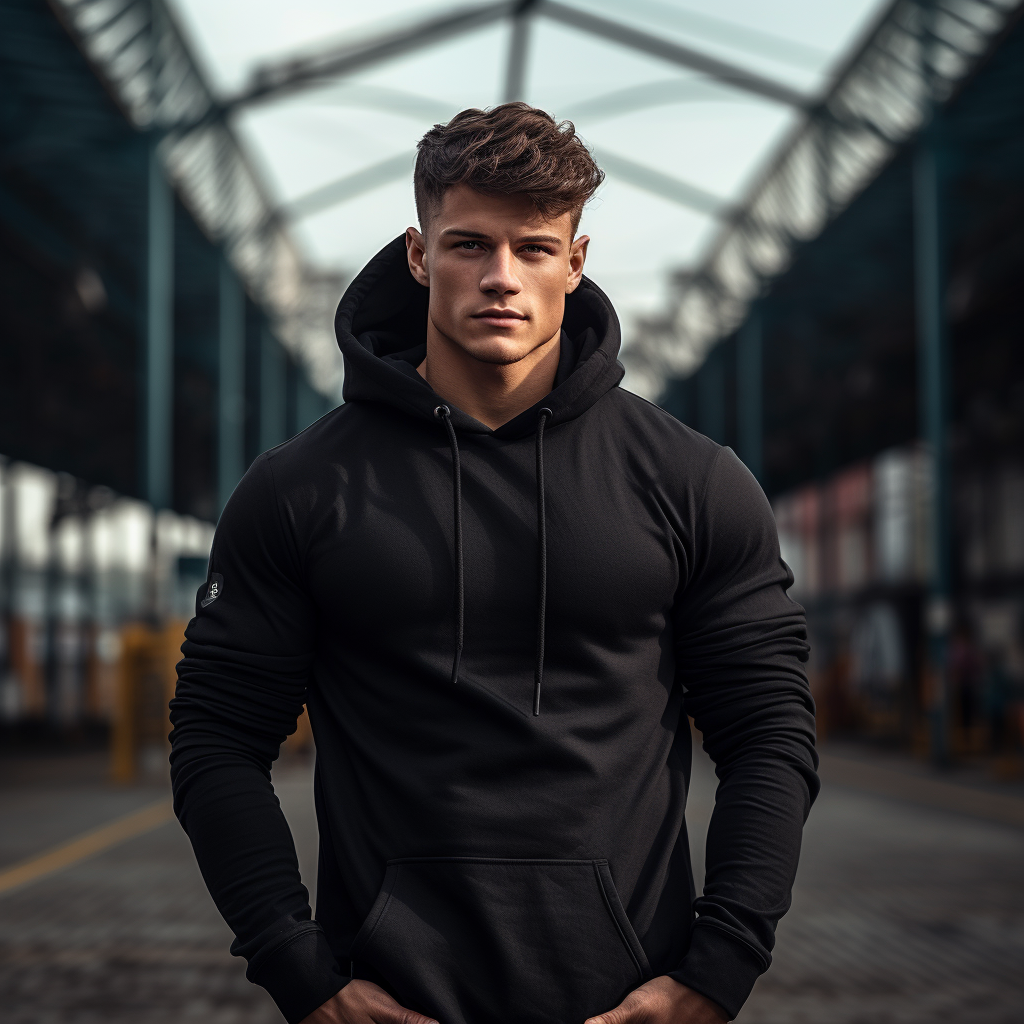 Model wearing a hoodie during street workout