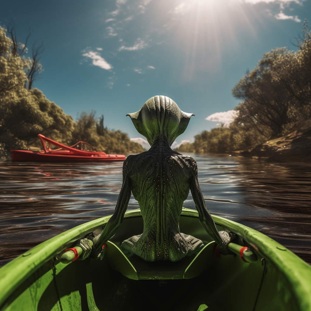 Hooligan green alien in boat looking up