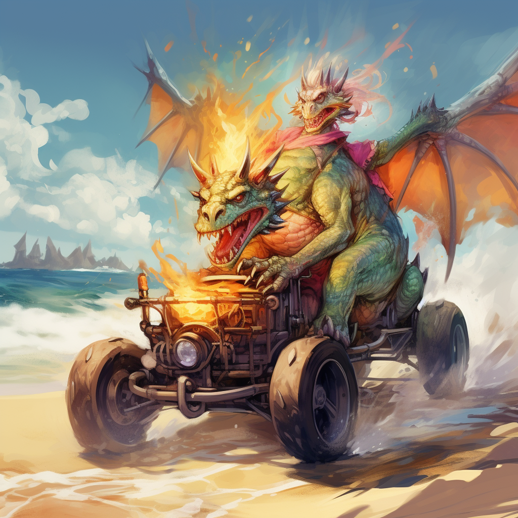 Vibrant manga-style dragon driving beach buggy