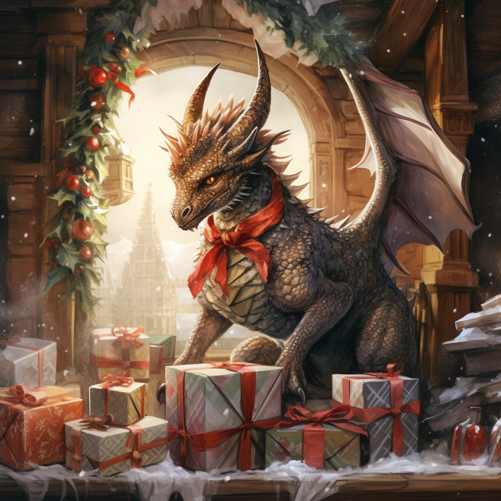 Beautiful watercolor illustration of a horned dragon in a Christmas setting