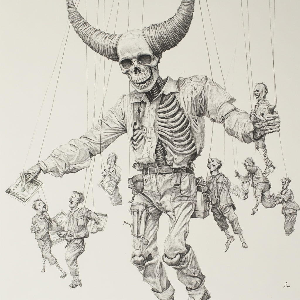 horned skeleton controlling puppets chasing bank notes, detailed drawing