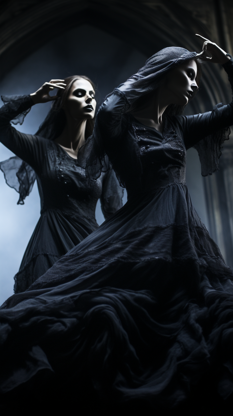 Two women dancing in horror beauty style