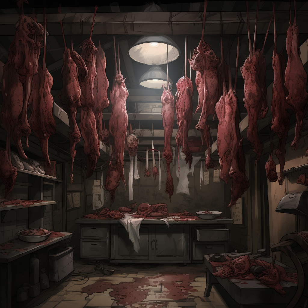 Mutated creatures hanging in horror butcher shop