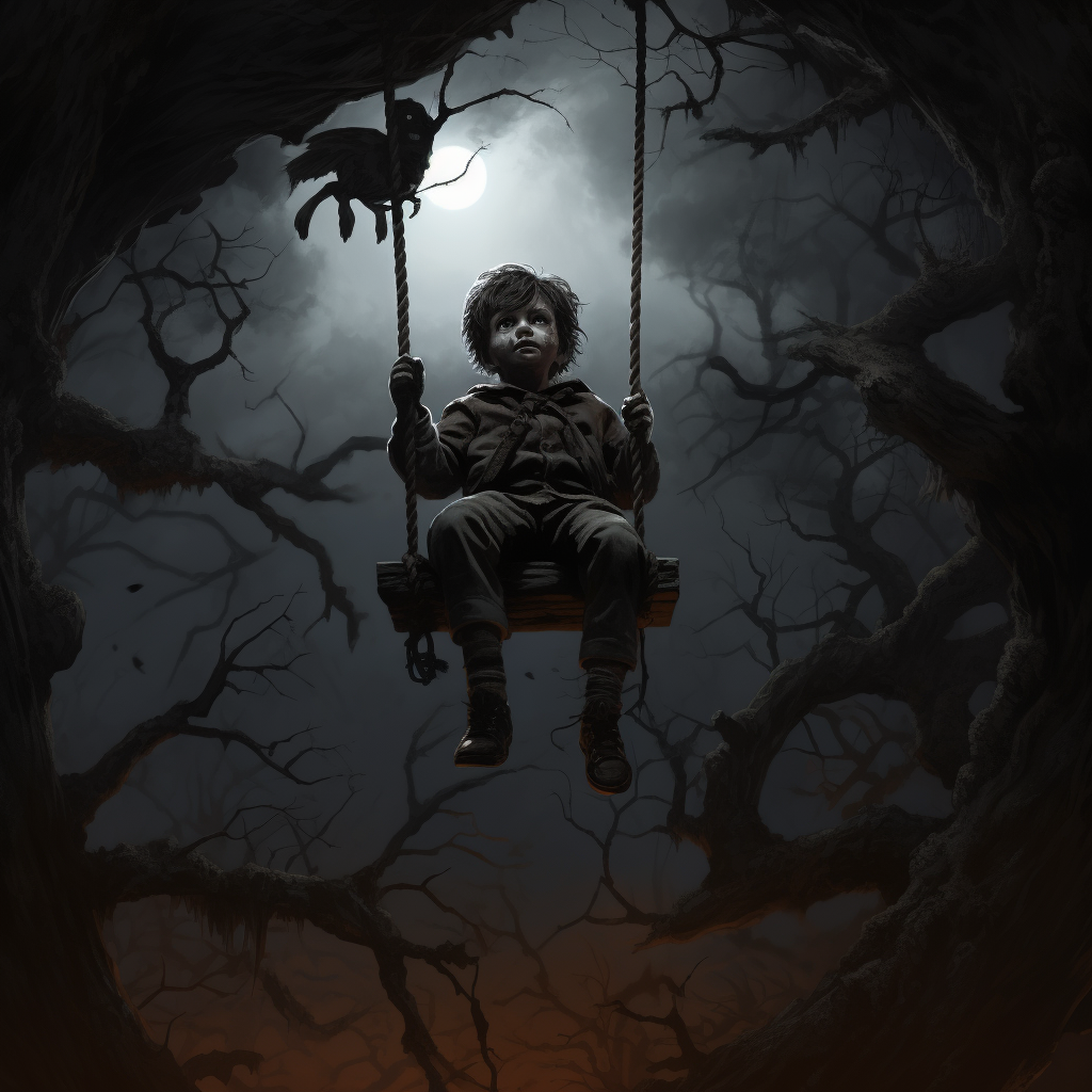 Terrifying child hanging from tree