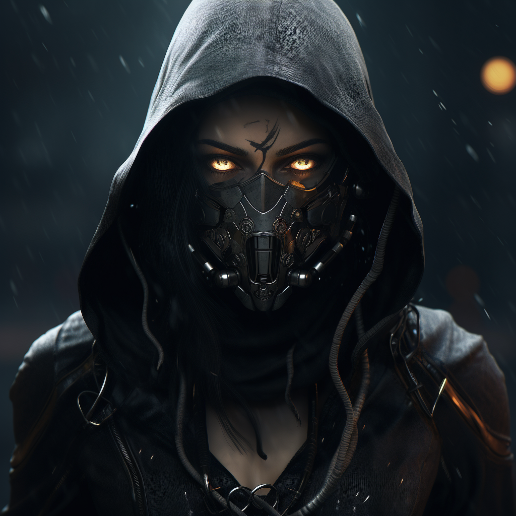 Women wearing horror mask in a cyberpunk setting