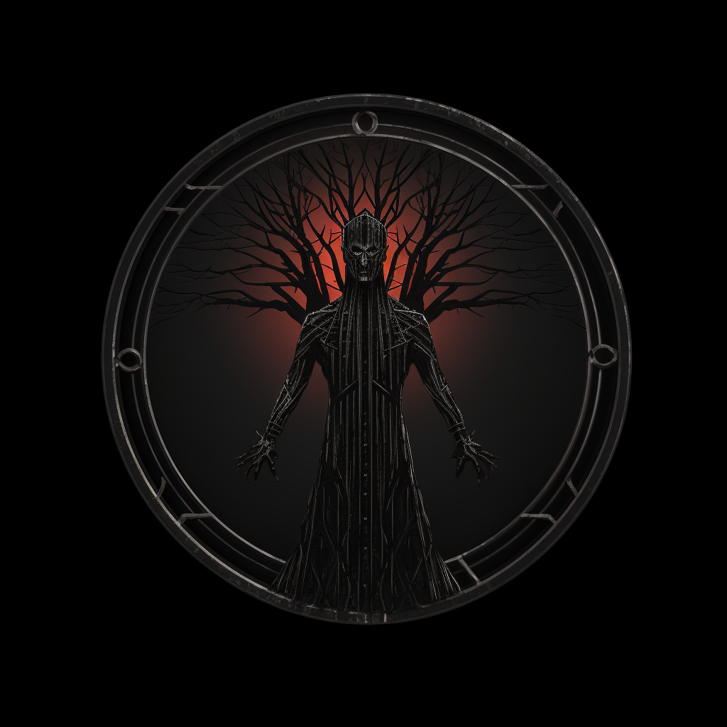 Metal statue tree logo in horror style