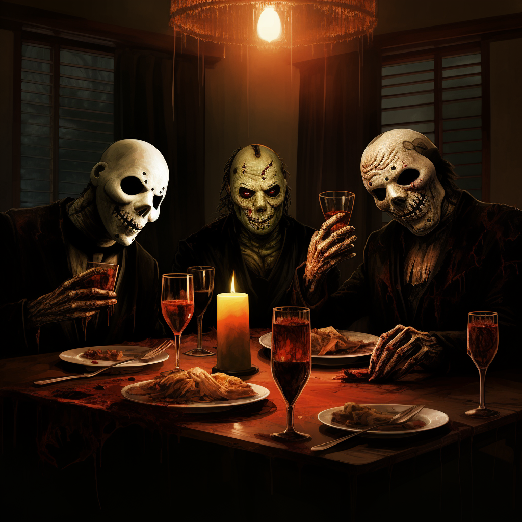 Jason, Michael Myers, ghost face, and Freddy having dinner