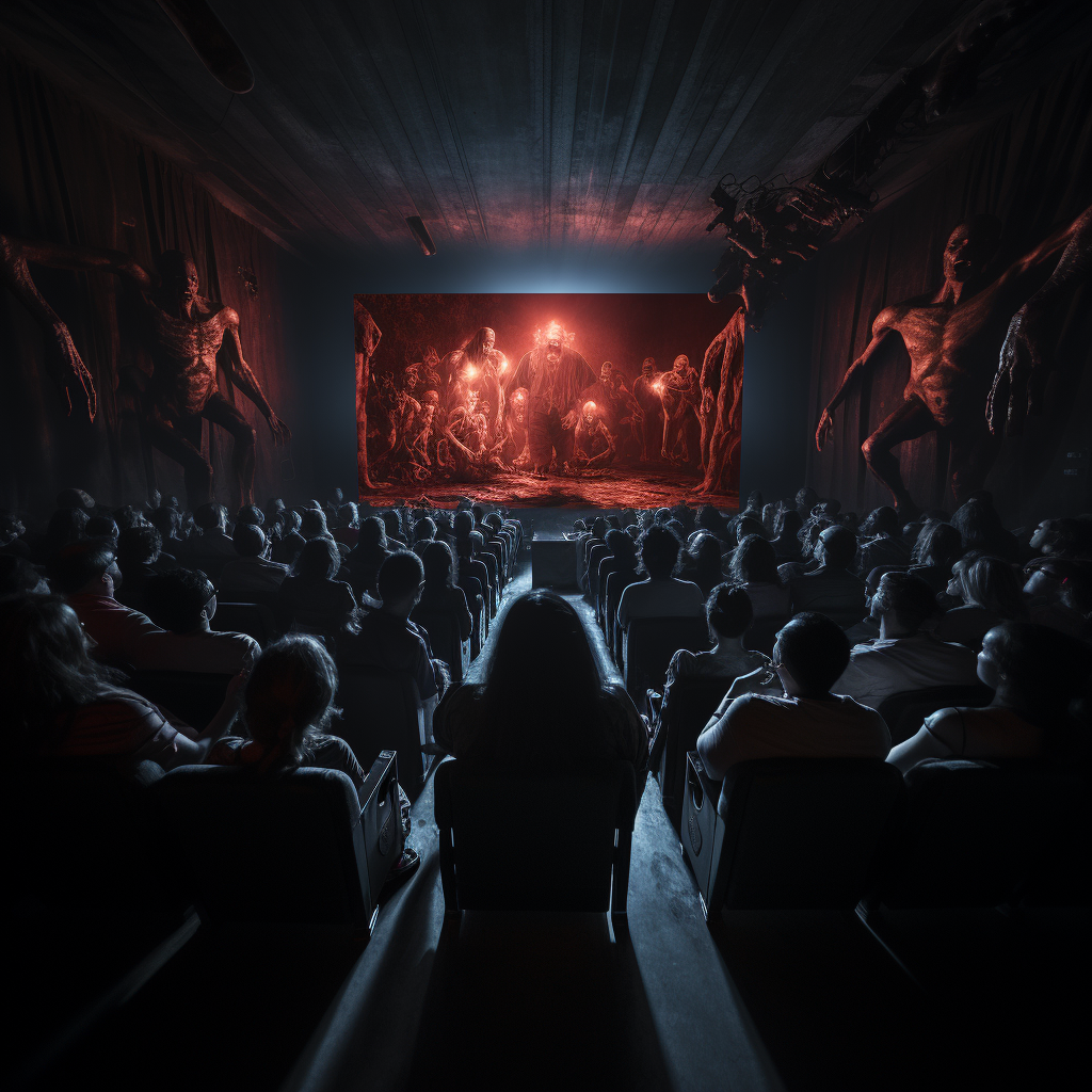 Horror projection room with seated people