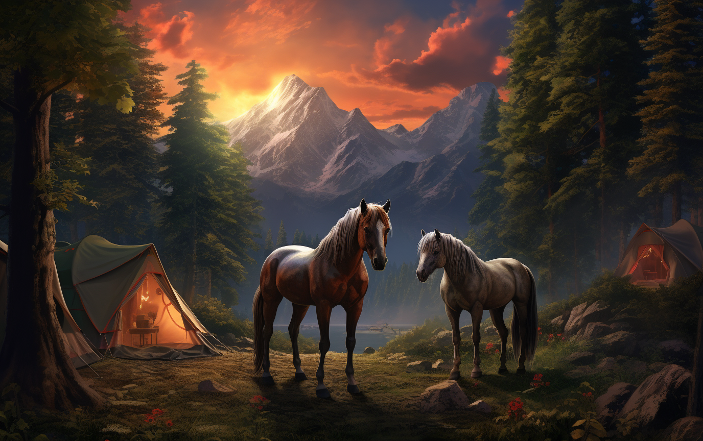 Three horses camping amidst trees