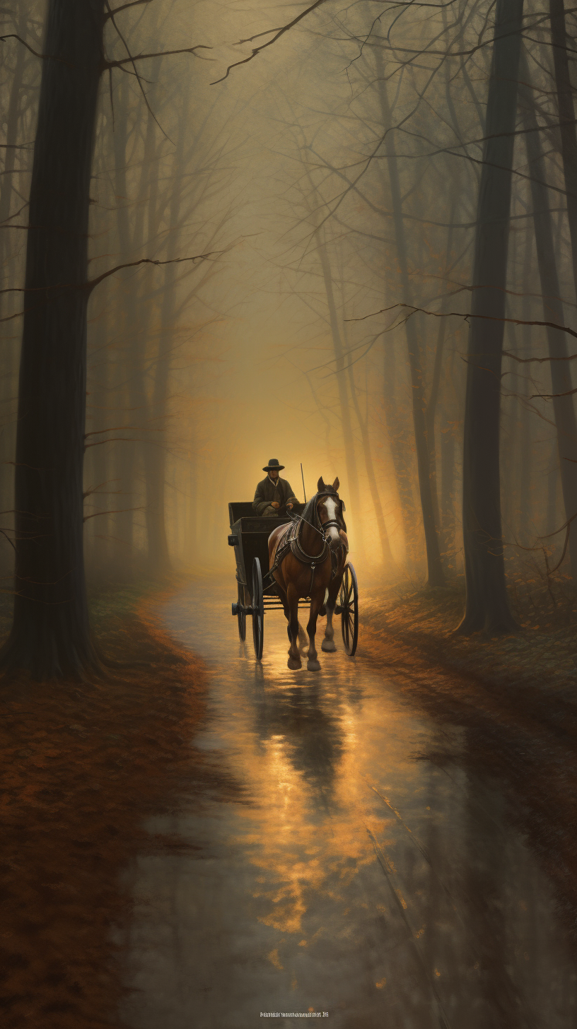 Horse-drawn carriage in rainy forest