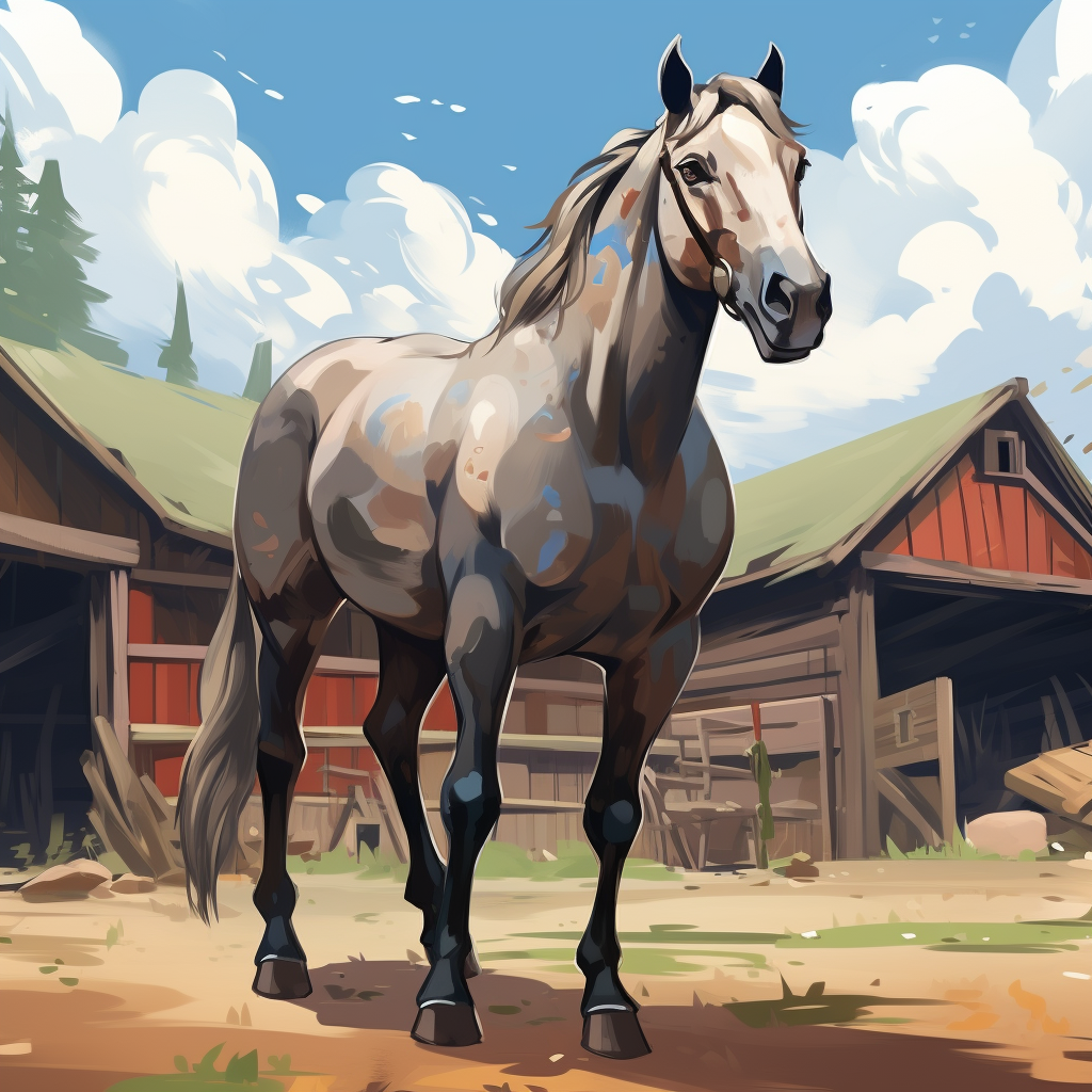 Cute Cartoonish Horse in front of Barn