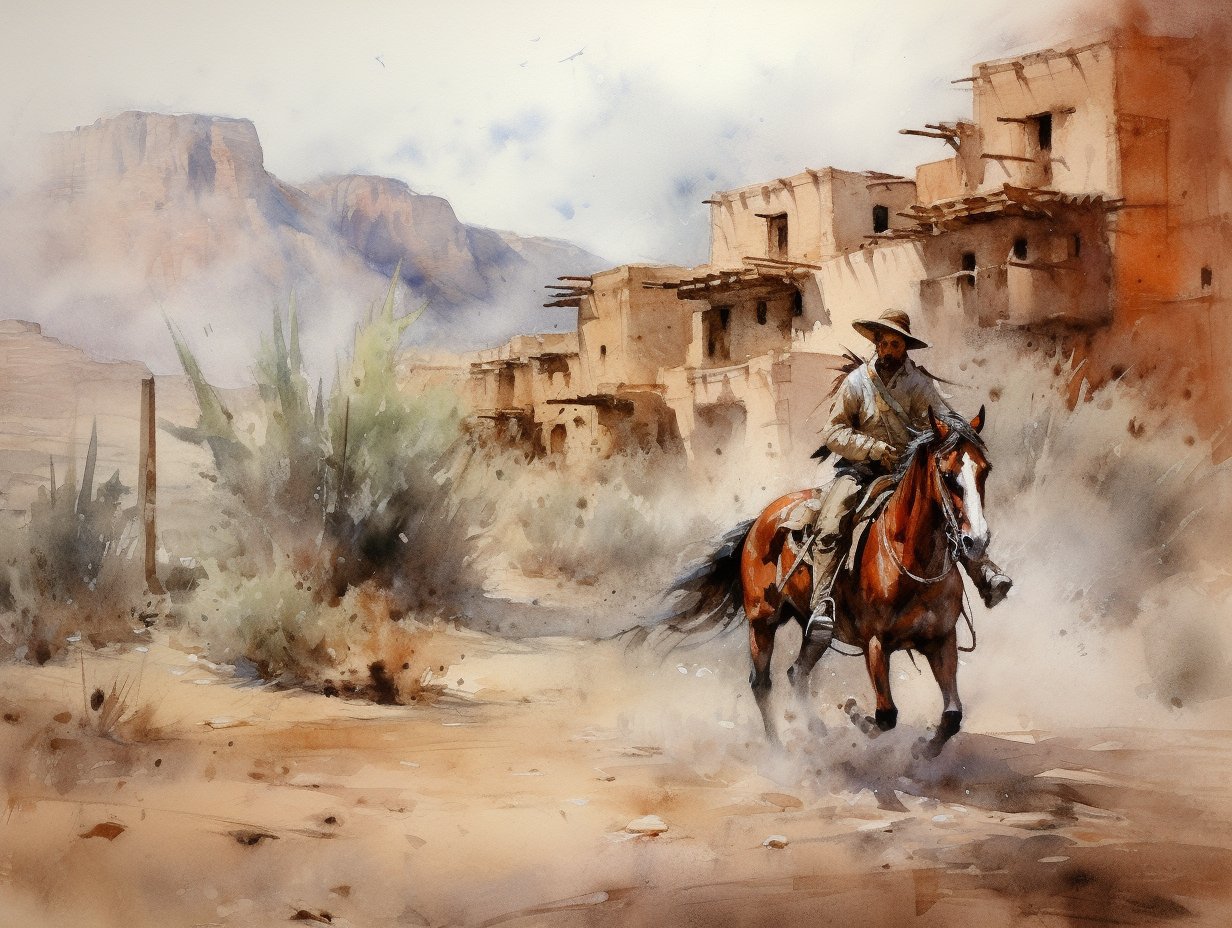 Watercolor painting of horse galloping in wild west