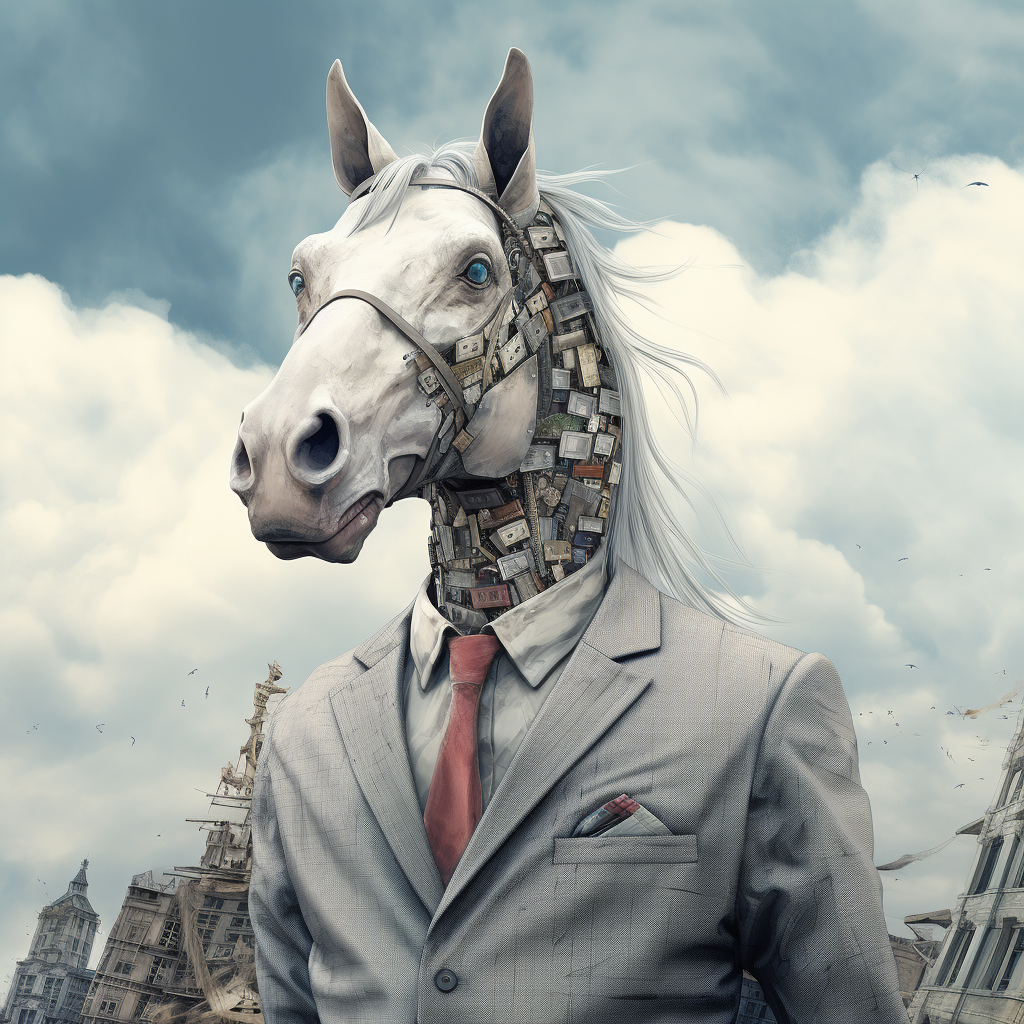 Horse head man in city