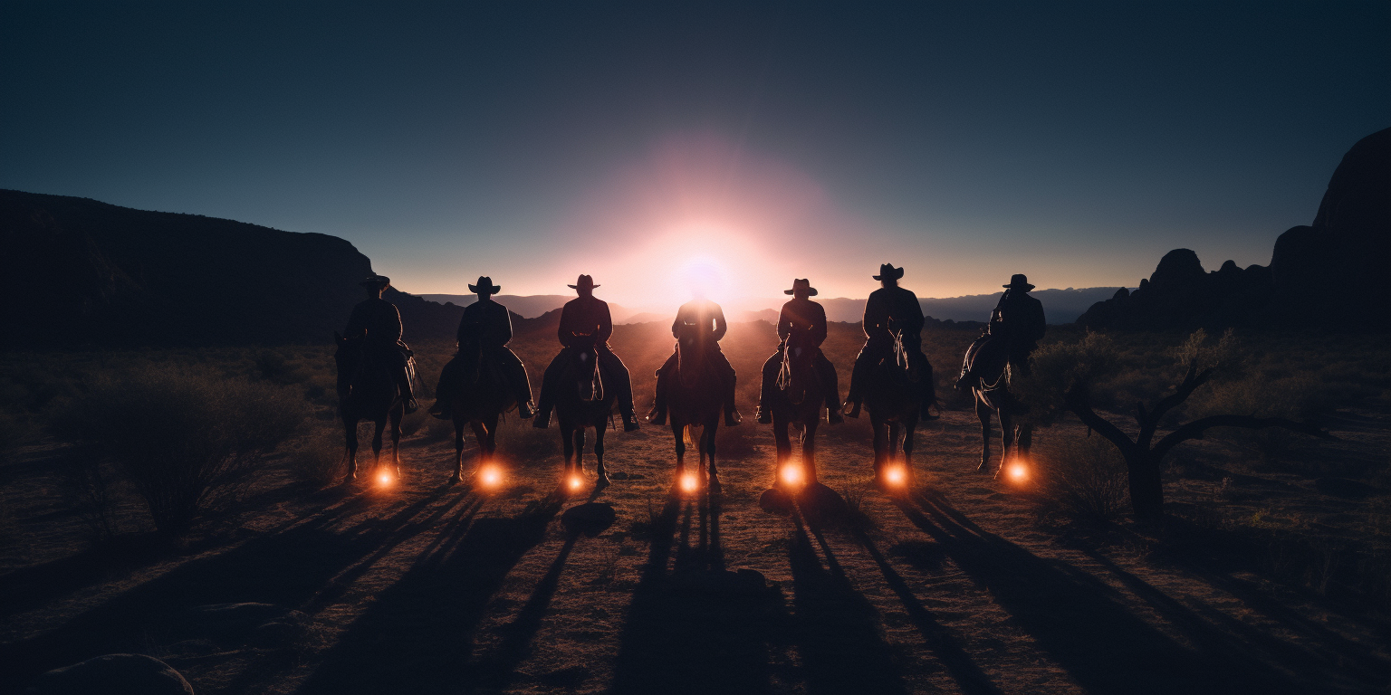 Group of horse riders in circle under a beam of light