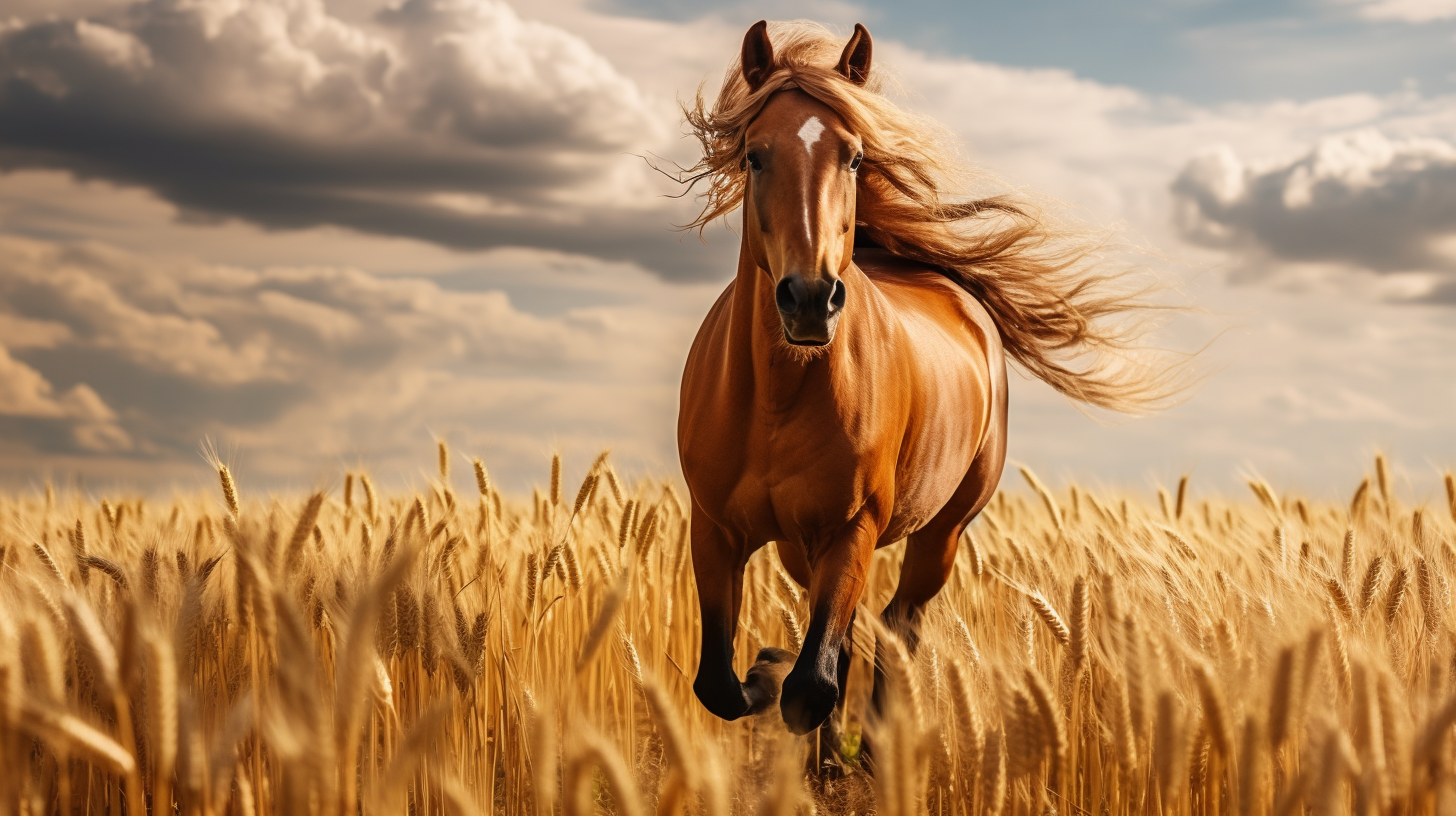 Hyper-realistic commercial photography of a horse in a wheat field