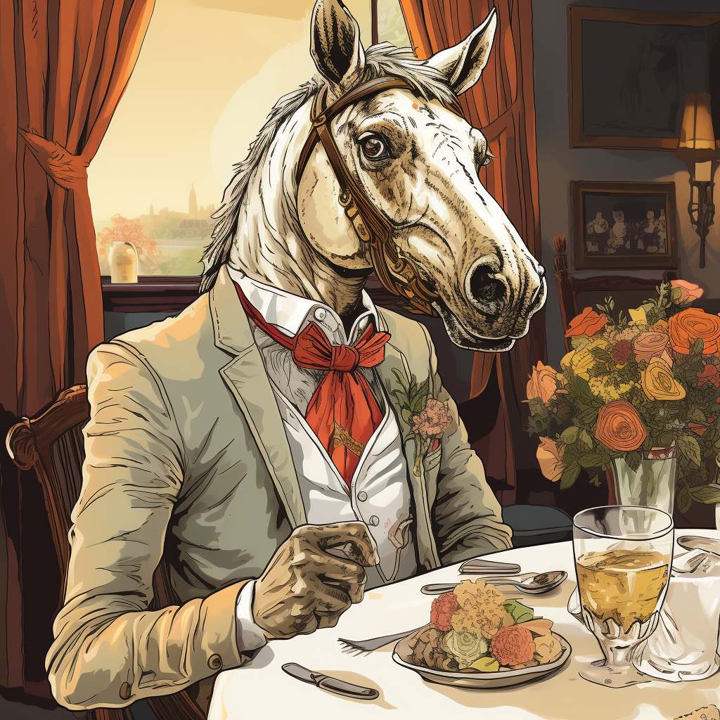 Horse enjoying dinner at fancy restaurant