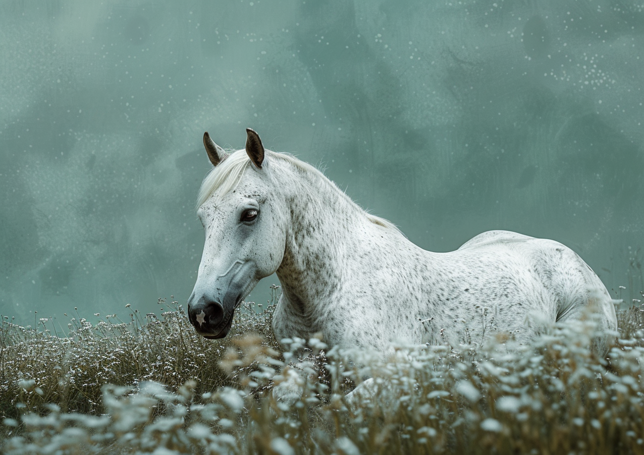 Horse in Field with Mint Green Background