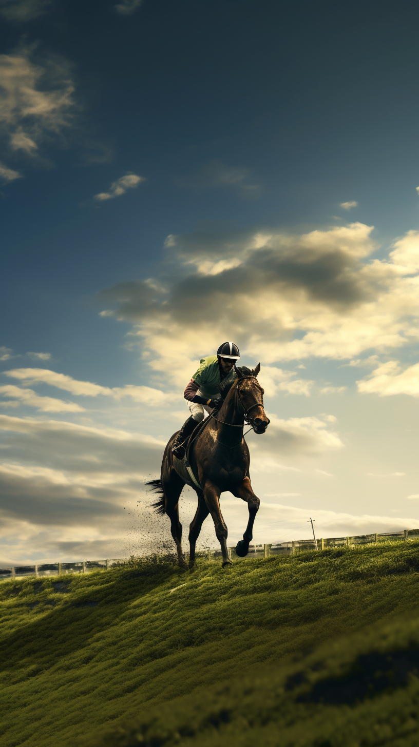 Young man riding horse on racing track