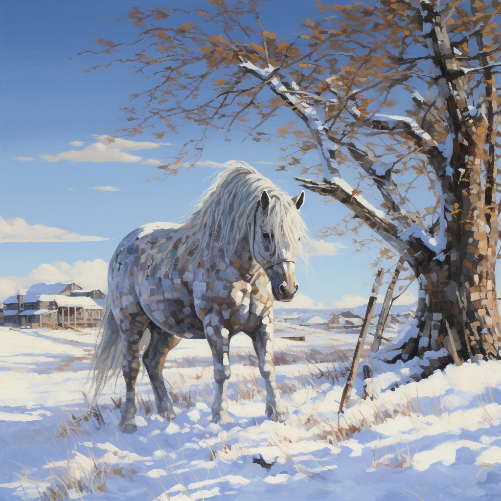 Majestic horse next to snowy tree