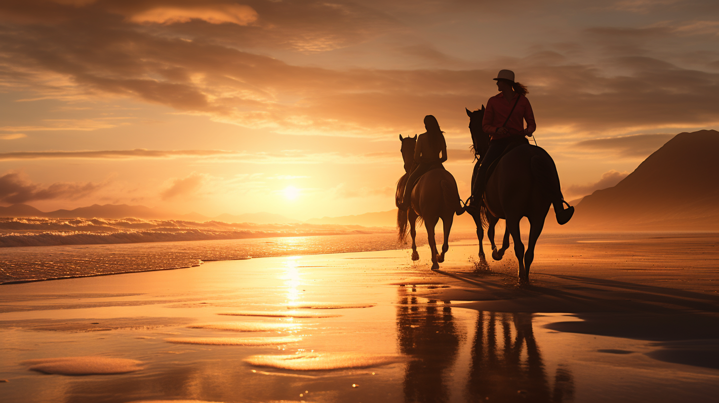 Two people horseback riding on the beach