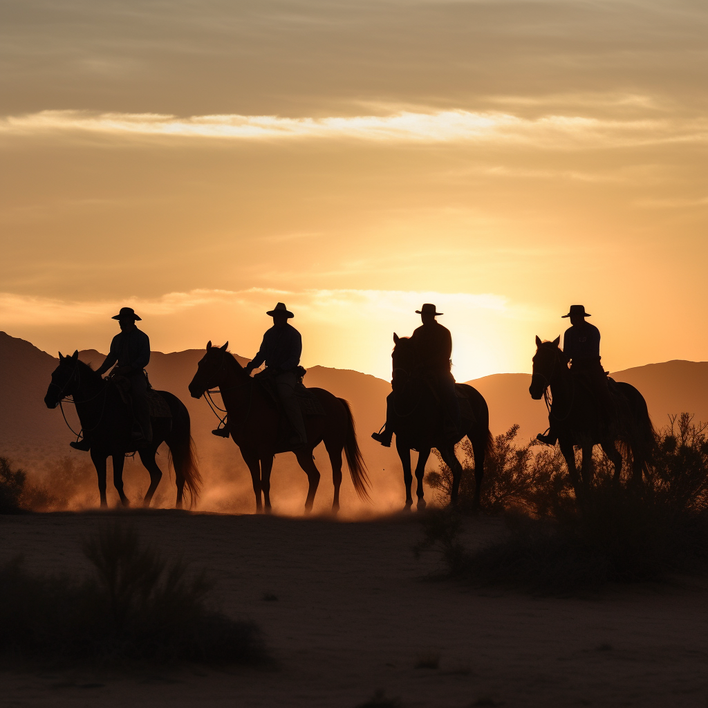 Silhouette of horsemen riding into the sunset