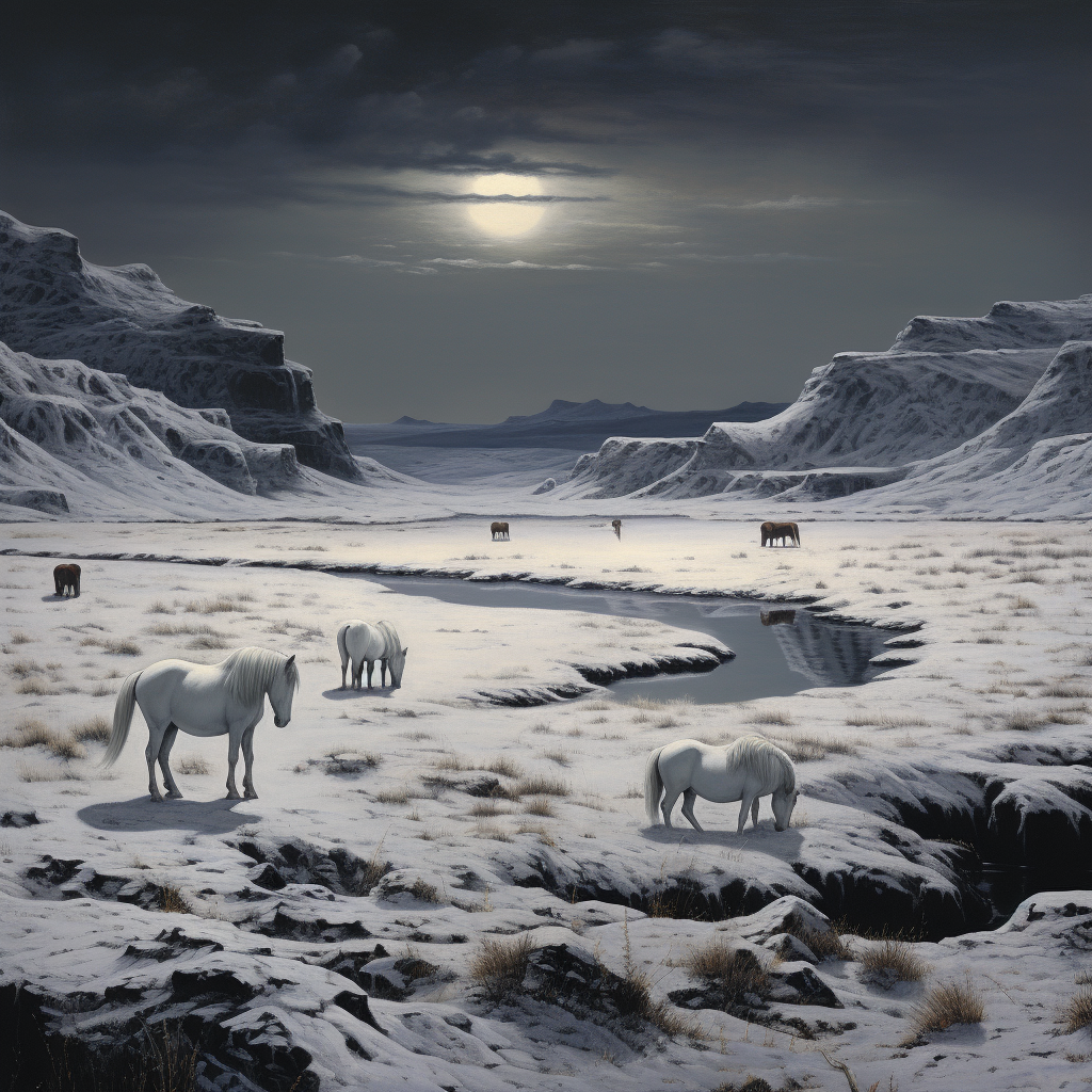 Horses grazing snowy winter tundra