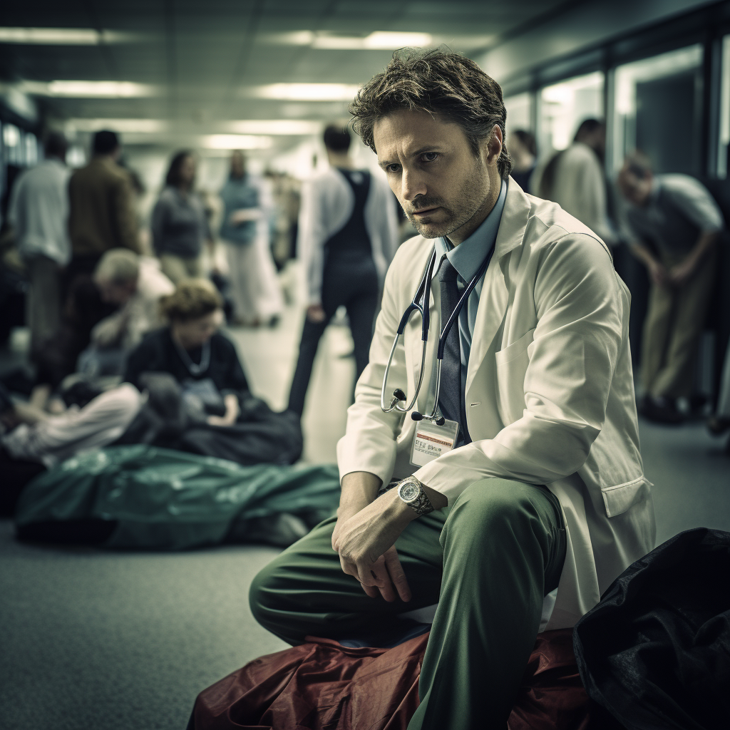 Exhausted doctor helping patients in overcrowded hospital