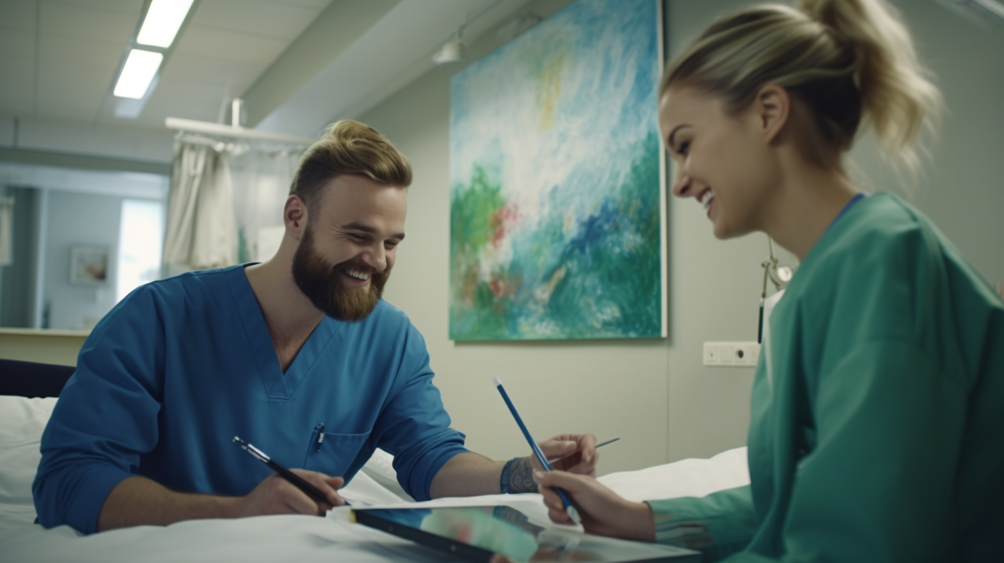 Doctor and patient painting together in hospital room