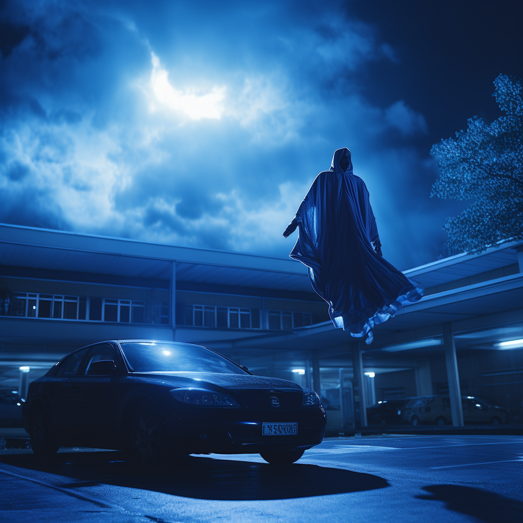 Magic monk wearing blue scrub robes landing from rooftop