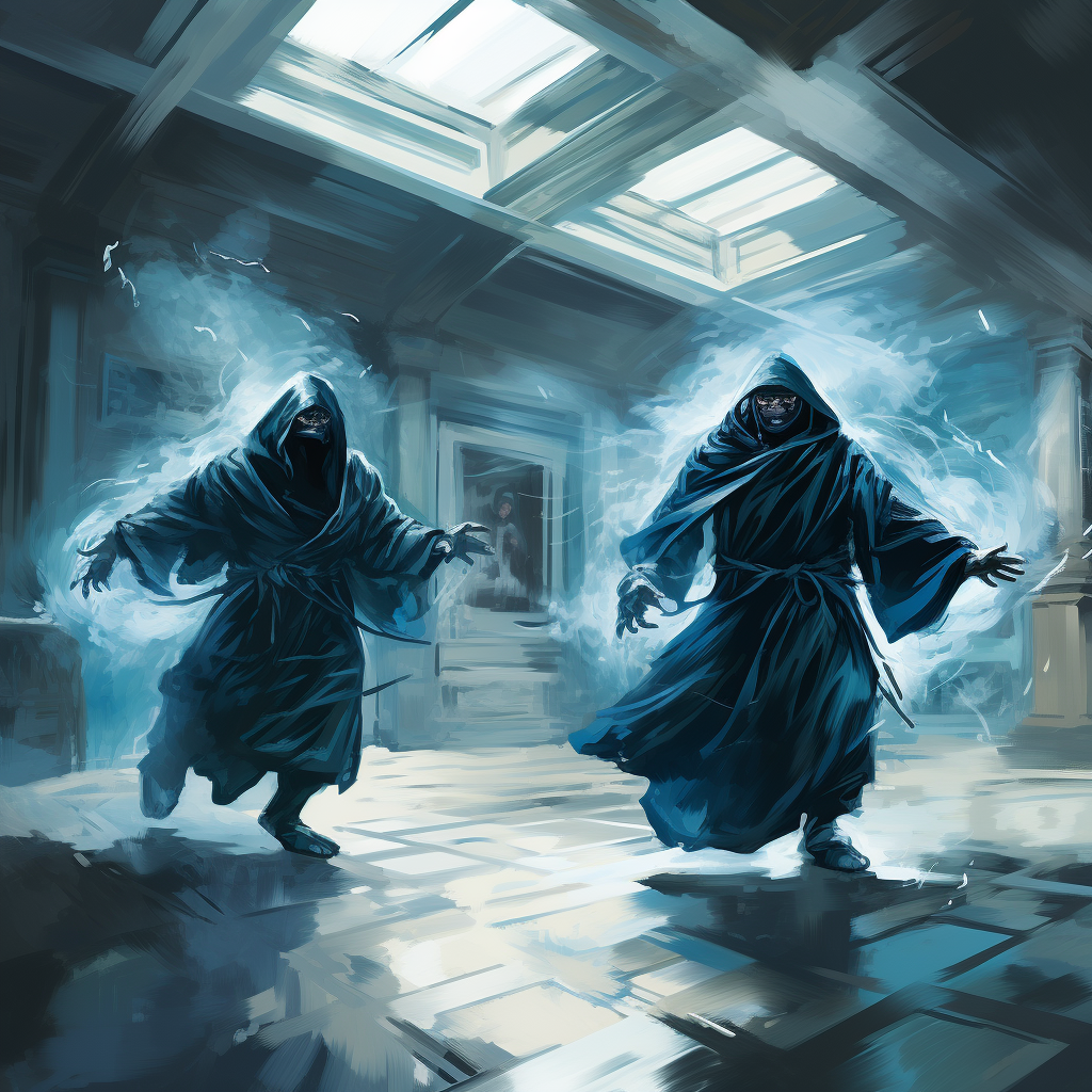 Two magic monks wearing hooded robes fighting in hospital ward