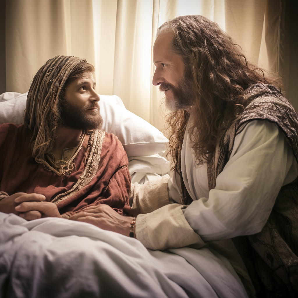 Jesus comforting a patient in a hospital bed