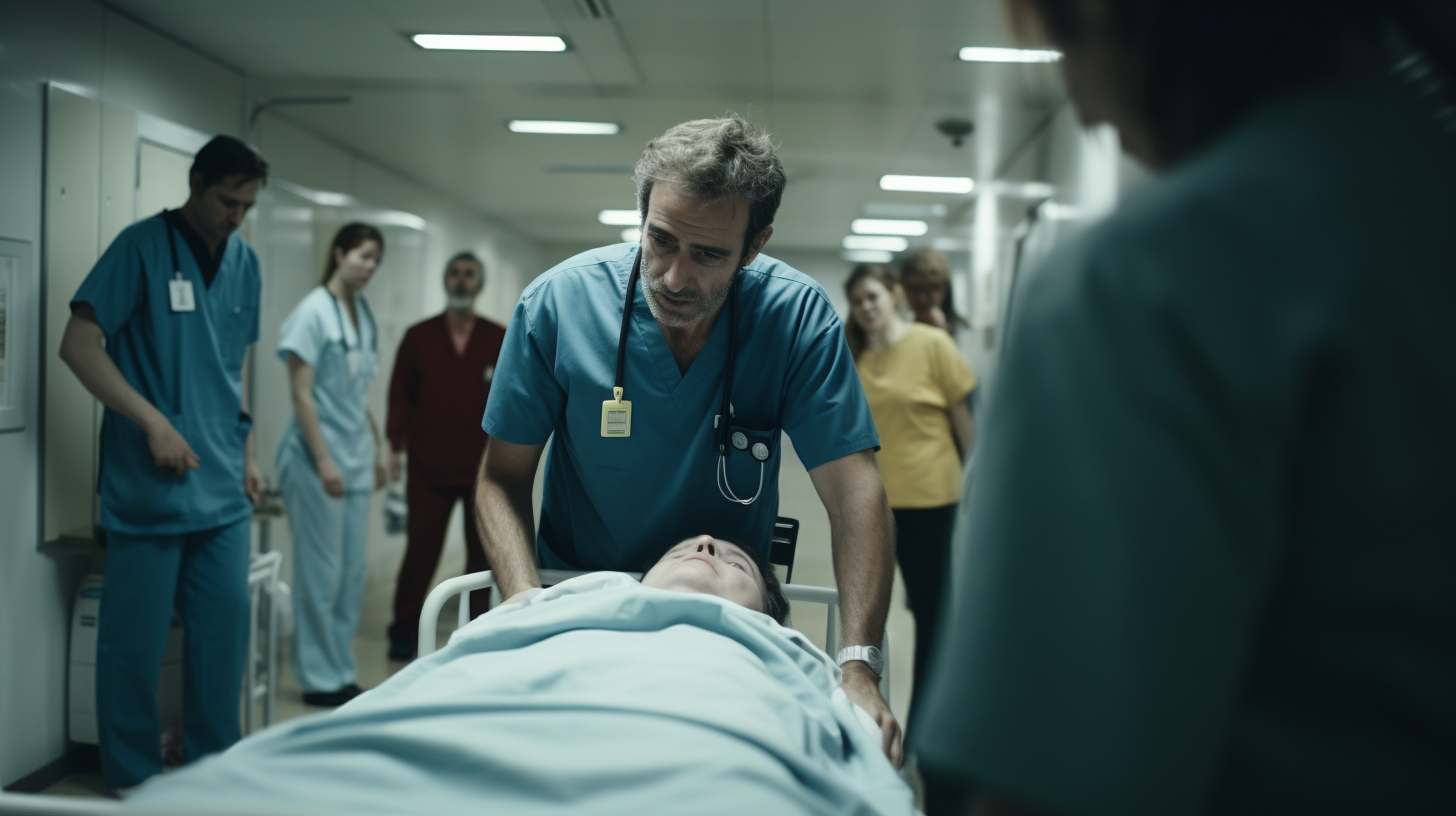 Doctor and nurse treating patients in crowded hospital