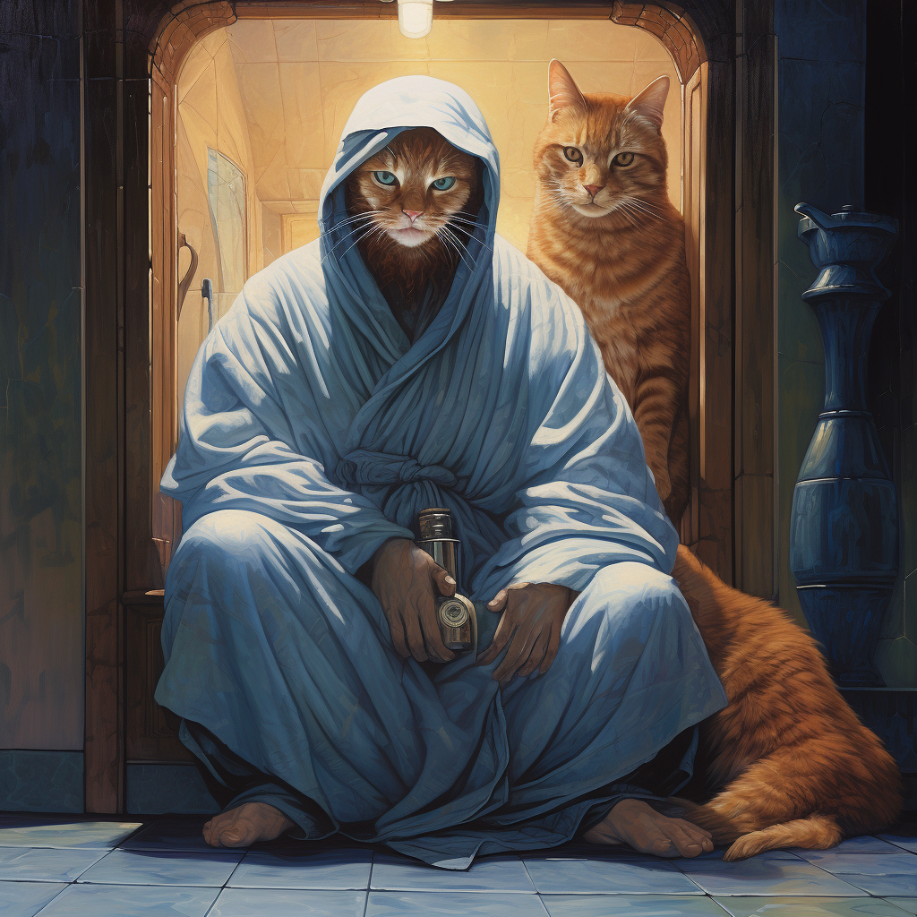 Magic monk with ginger cat by hospital ward