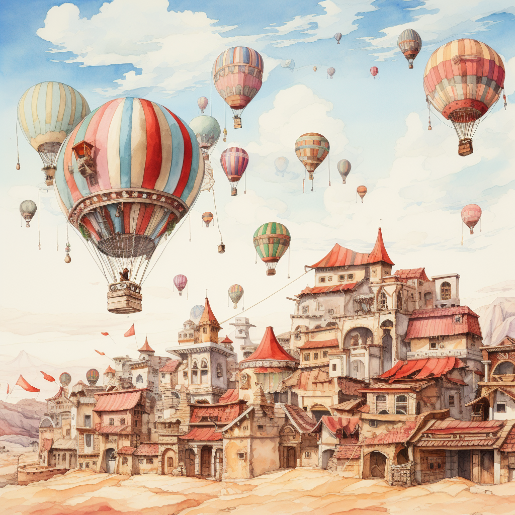 Hot air balloon village pastel colors