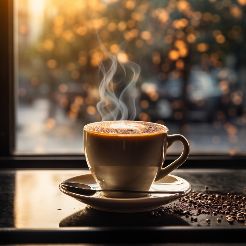 Hot coffee cup in warm-lit cafe