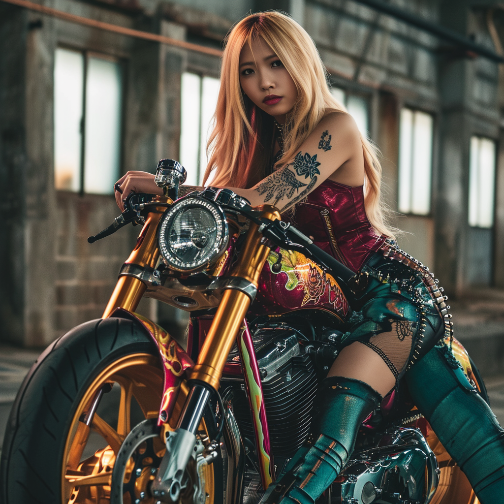 Hot female Japanese rock star on custom motorcycle