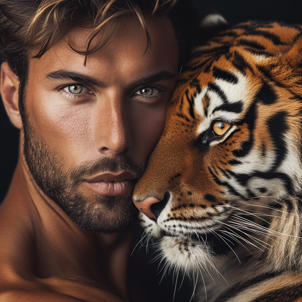 Hot Male Model with Vibrant Tiger