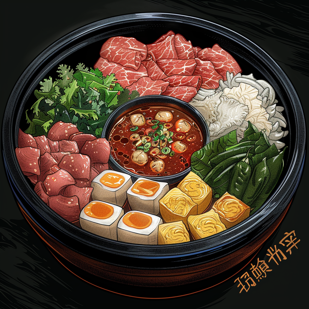 Cartoon hot pot ingredients on black background