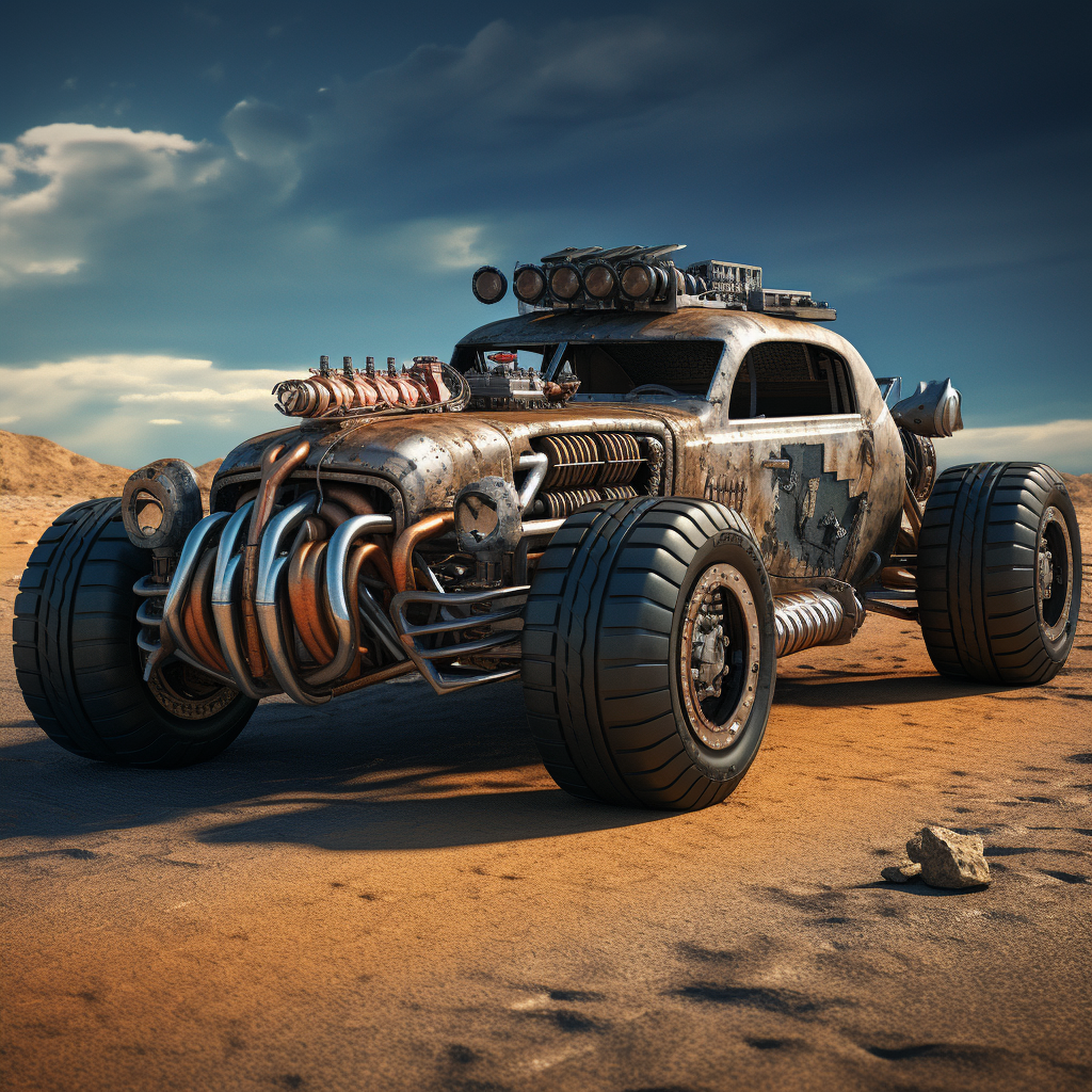 Hot rod car in post-apocalyptic setting