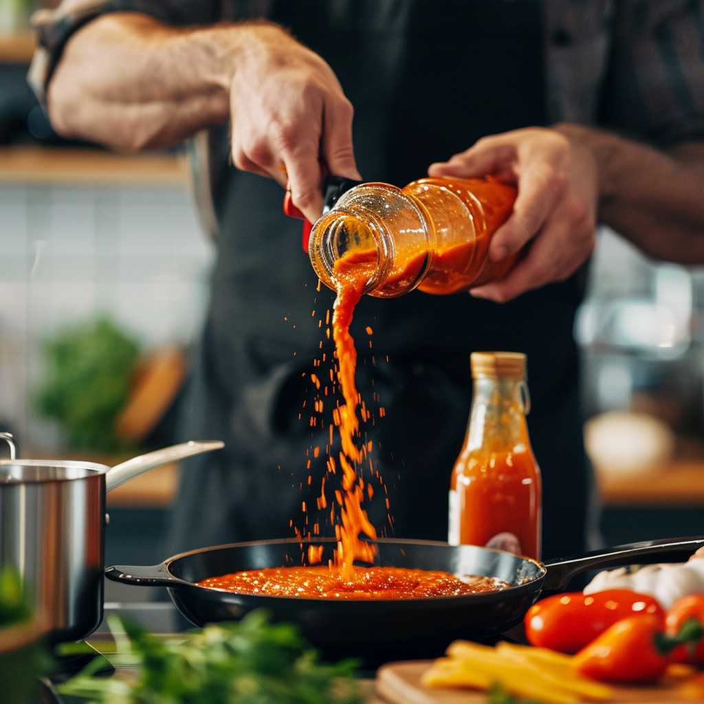 Man in kitchen with hot sauce pouring